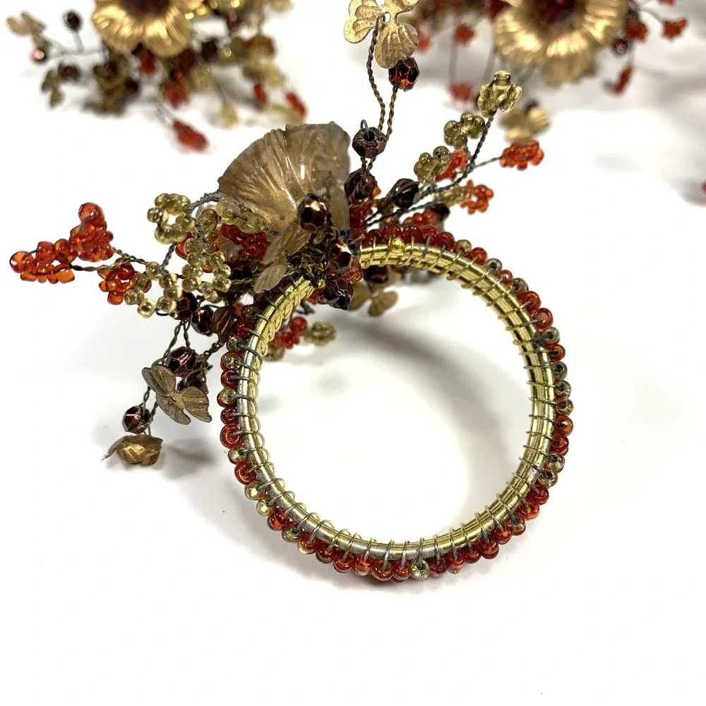 Vintage Pier 1 Napkin Rings Gold Tone Metal Floral Red & Gold Beaded -Set Of 8